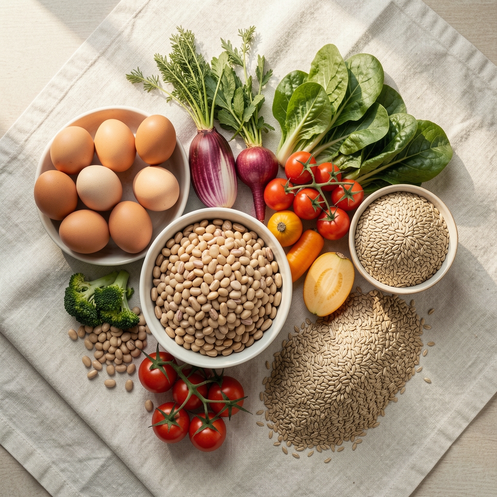 Whole foods arranged on a pale linen cloth — eggs, legumes, seasonal vegetables and whole grains, natural morning light, overhead editorial view