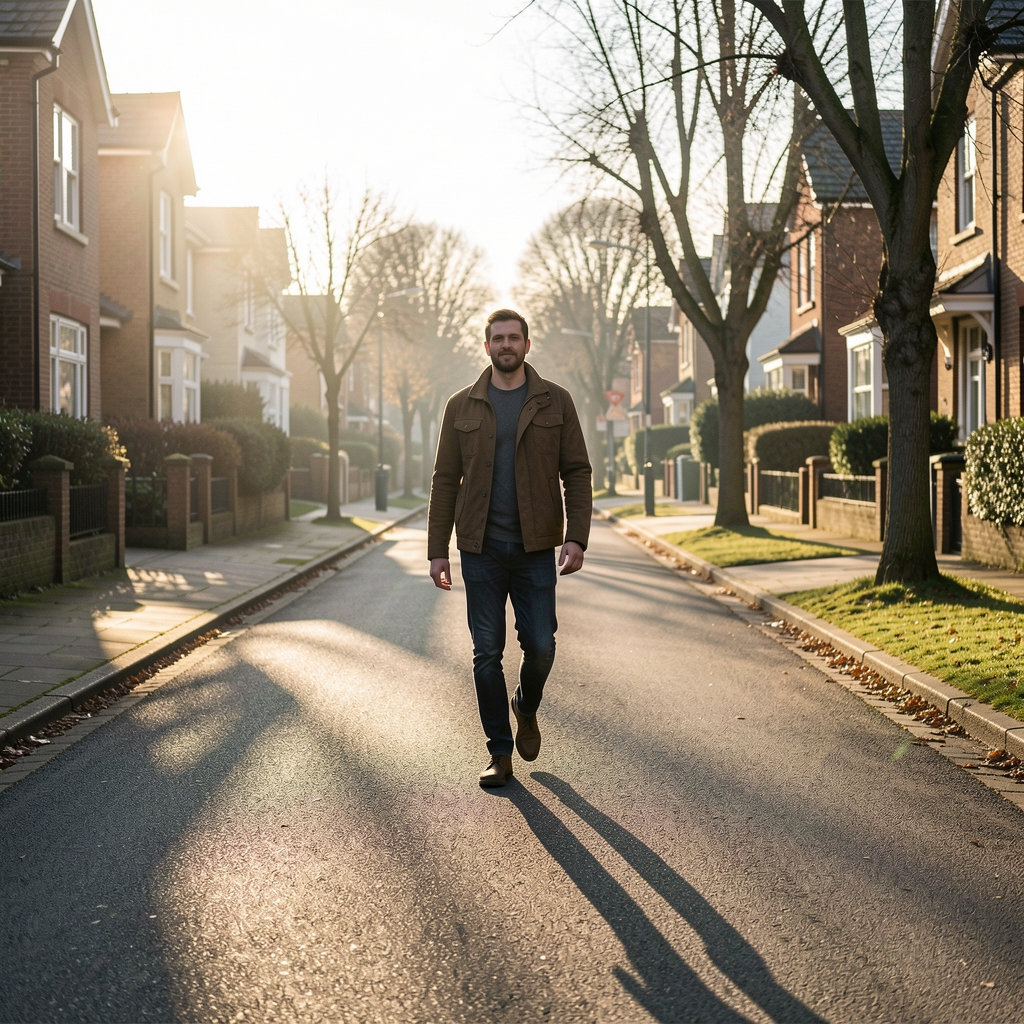 Person walking on a quiet residential street in early morning light, long shadows, editorial street photography
