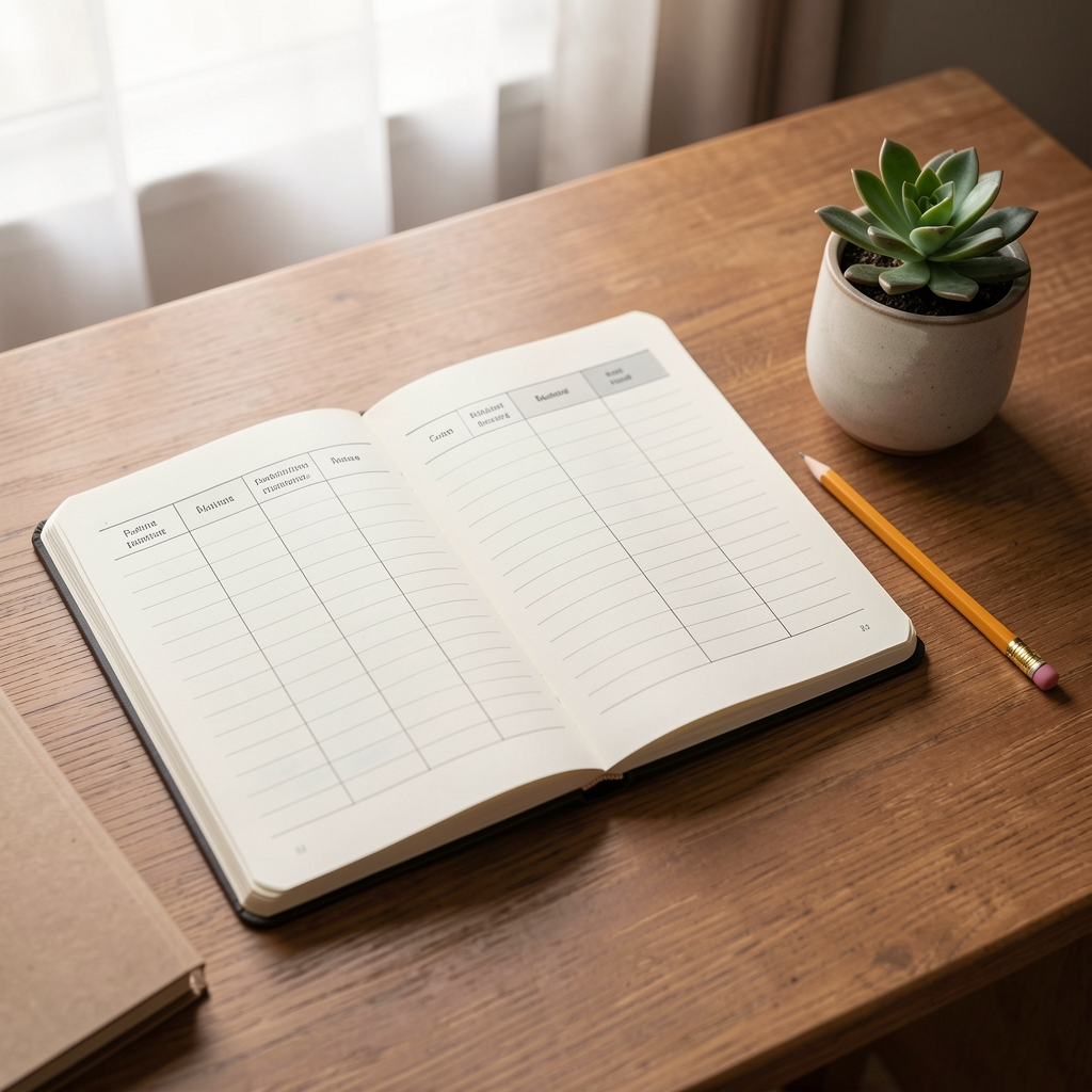 Open notebook with habit tracker on a wooden desk beside a small plant and pencil, soft natural daylight