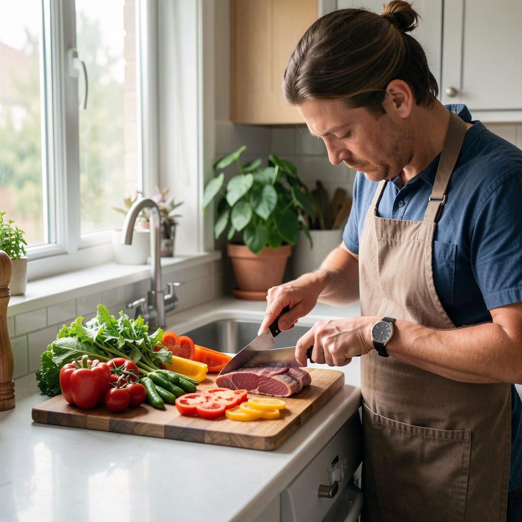 Person carefully preparing a balanced meal in a home kitchen, natural daylight through a window, fresh vegetables and proteins on a wooden chopping board, editorial and unhurried atmosphere