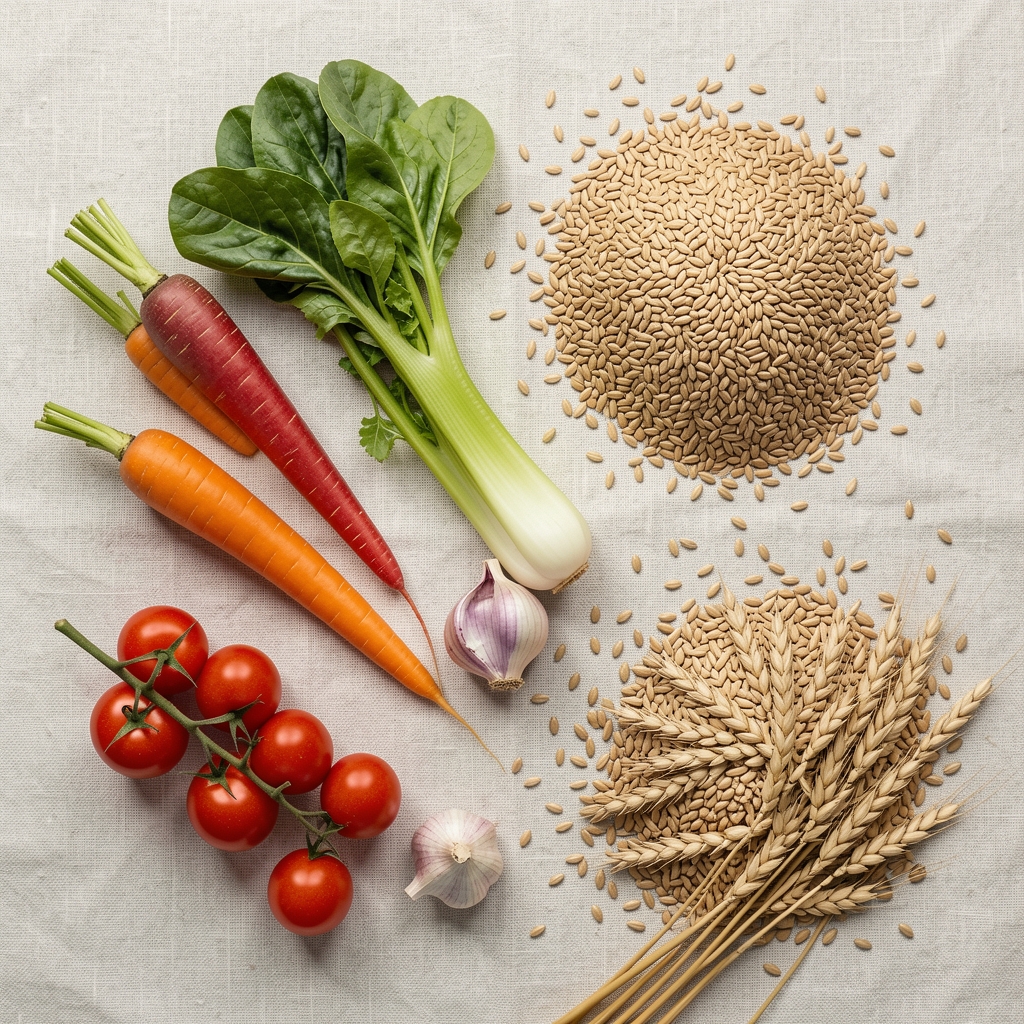 Seasonal vegetables and whole grains arranged on a pale linen surface, flat lay, editorial food composition