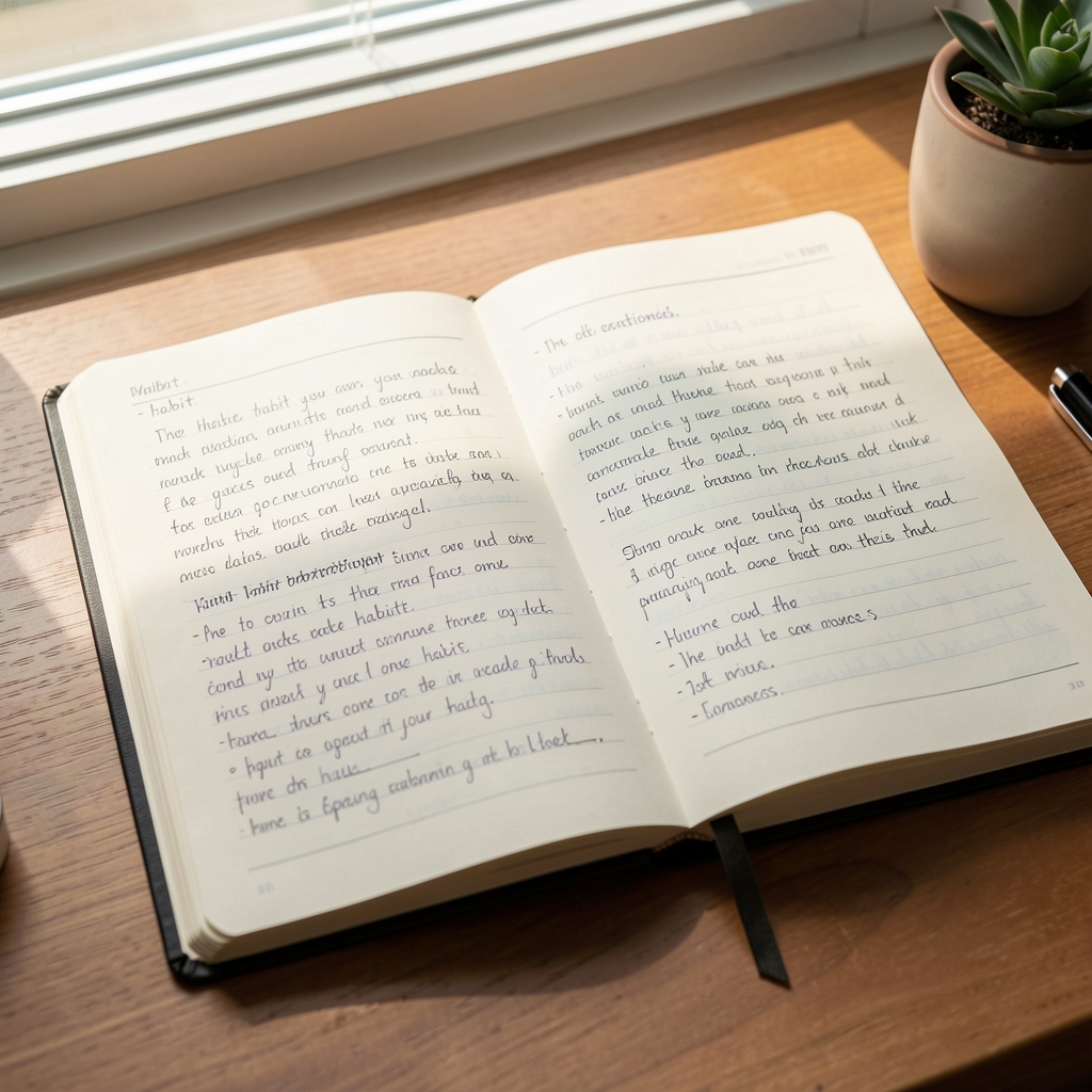Open editorial notebook with handwritten habit observations, natural morning light on desk surface